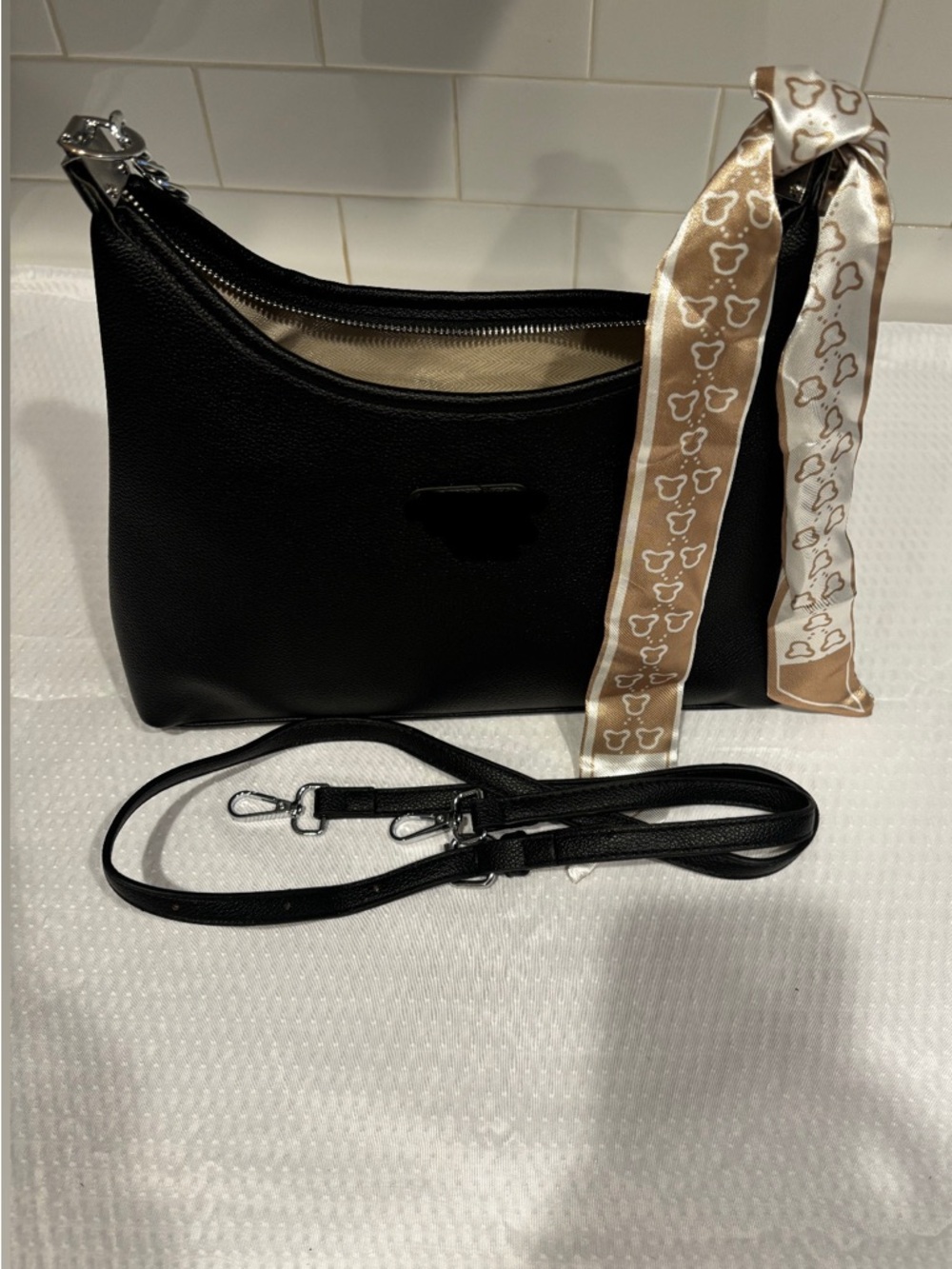 Black Women's silver chain/Crossbody Bag with Decorative Scarf